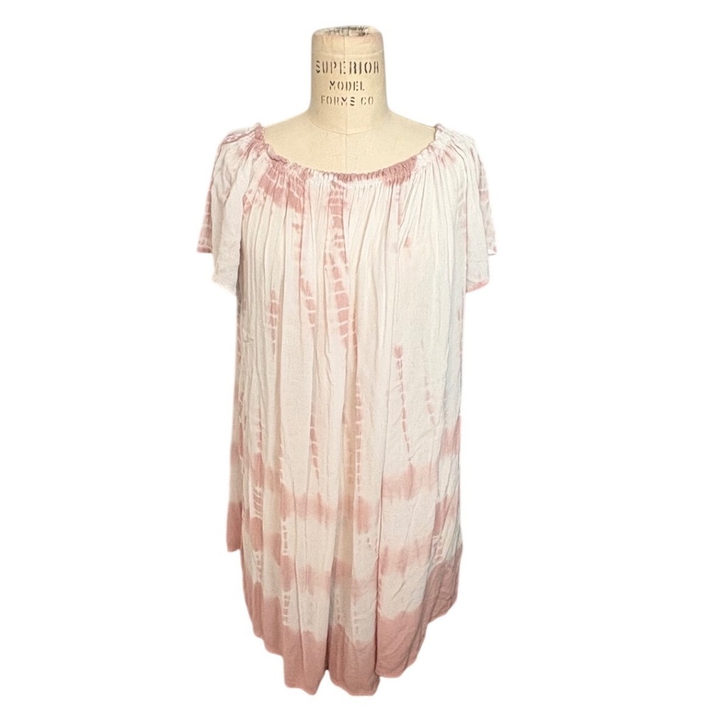 Womens Pink White Tie Dye Rayon Off Shoulder Boho Mini Dress Tunic Size L Summer